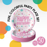 9 In. Pink Birthday Print Paper Plates - 50 Ct.| Case of 20